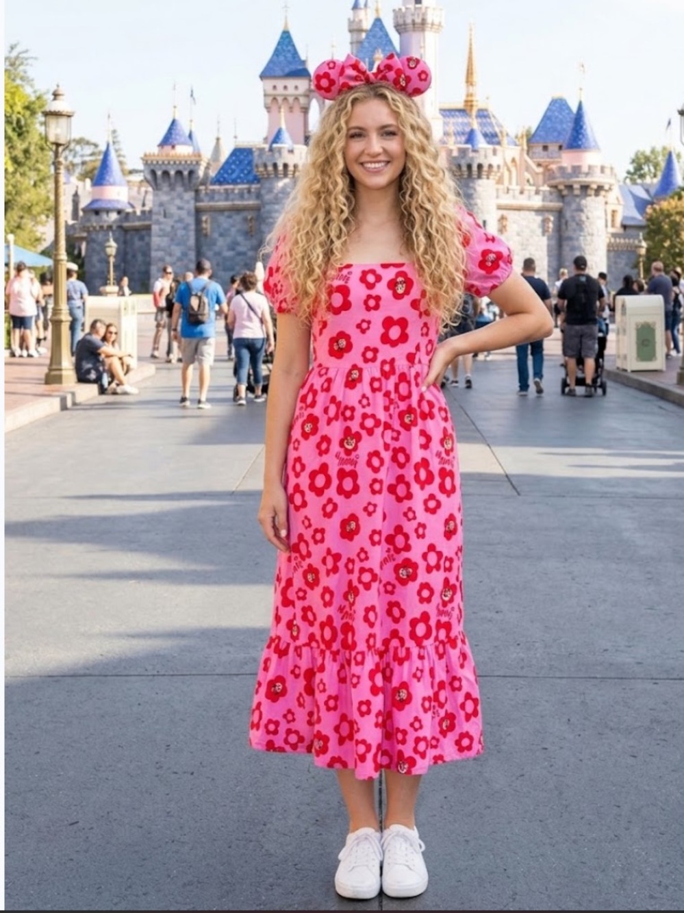 Disney Parks Minnie Mouse Pink Floral Puff Sleeve Smocked Midi Dress- Size Small